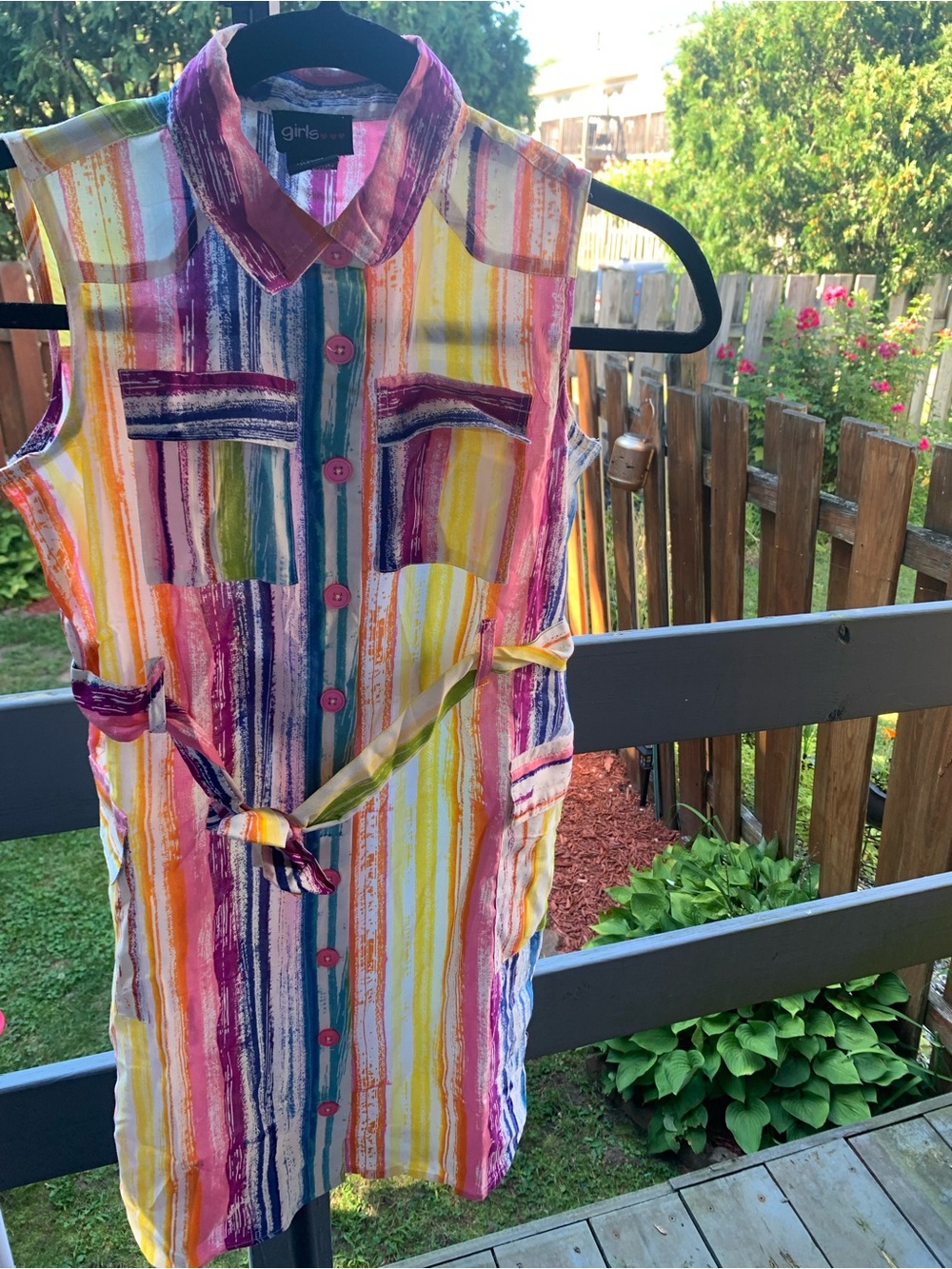 Girls' Multicolor Striped Sleeveless Shirt Dress with Tie - Girls